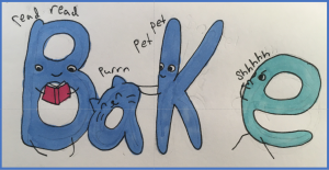 An illustration of the word "Bake" with the "e" saying "shh"