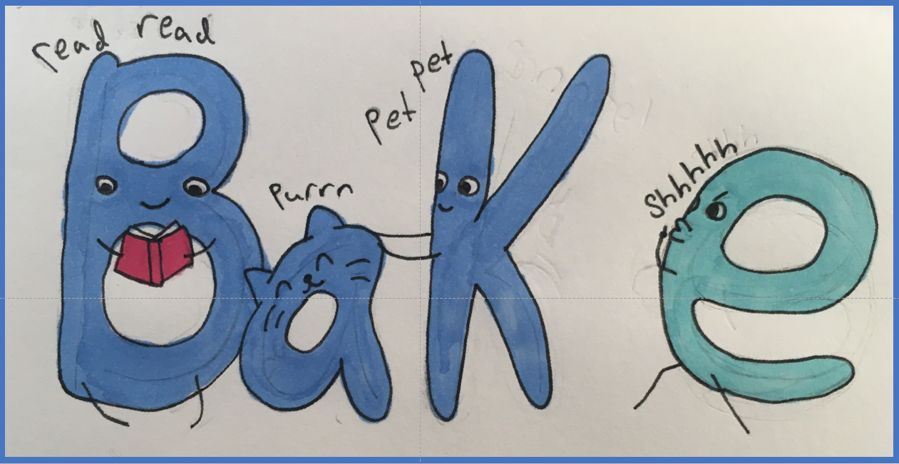 An illustration of the word "Bake" with the "e" saying "shh"