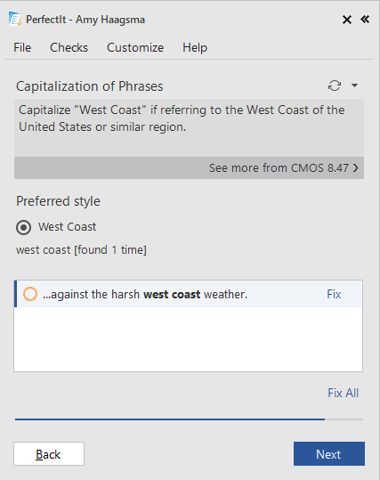 A screenshot from PerfectIt showing a preference for "West Coast" (capitalized)