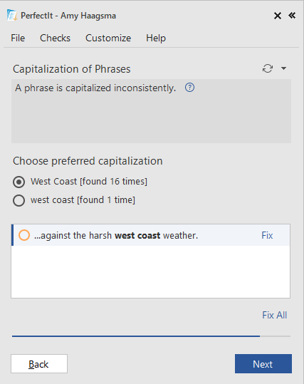 A screenshot from PerfectIt showing a choice between "West Coast" (capitalized) and "west coast" (lowercase)
