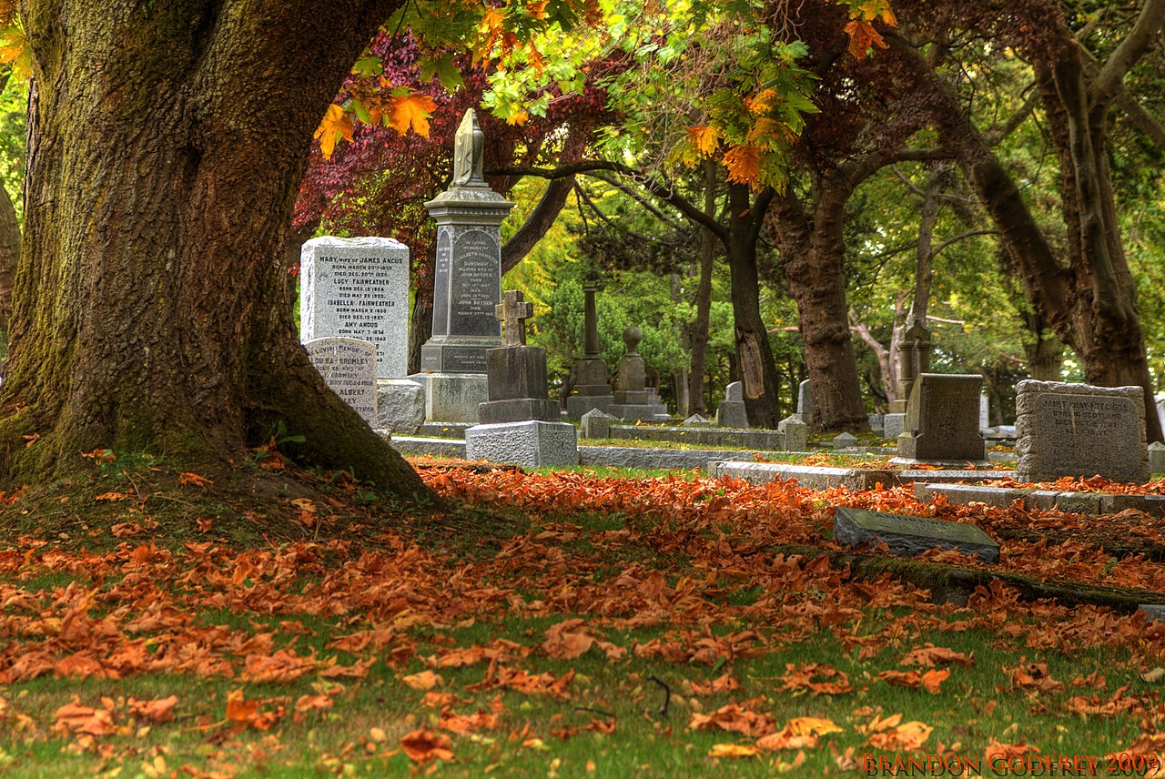 Graves at Ross Bay Cemetery, surrounded by trees and coloured fall leaves
