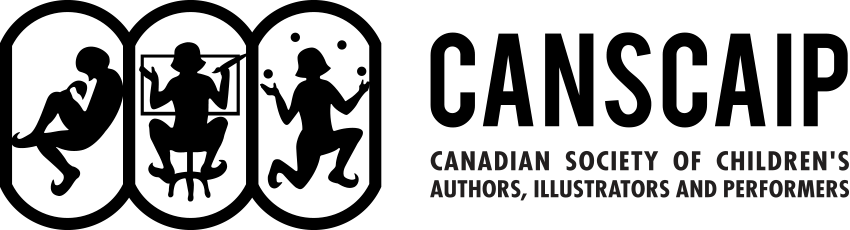 Logo for the Canadian Society of Children's Authors, Illustrators, and Performers, showing figures reading, drawing, and juggling