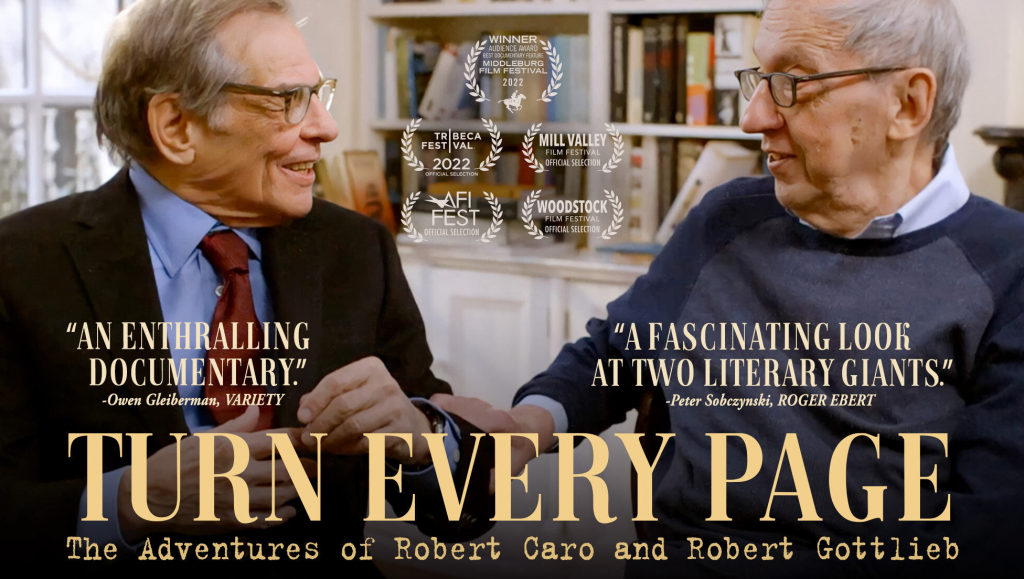 Two men, Robert Caro and Robert Gottlieb, facing each other with bookshelf in the background.