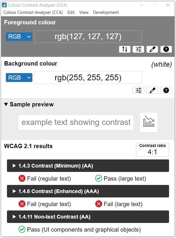 A screenshot from the TGPi Colour Contrast Analyser testing a grey foreground and white background, which gives a contrast ratio of 4 to 1. This fails WCAG 2.1 tests for regular text under level AA and for regular and large text under level AAA.