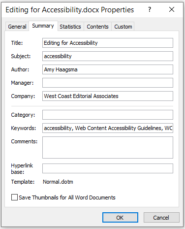Microsoft Word's document properties window, showing the title "Editing for Accessibility," the subject "accessibility," the author "Amy Haagsma," the company "West Coast Editorial Associates," and the keywords "accessibility, Web Content Accessibility Guidelines, WCAG."
