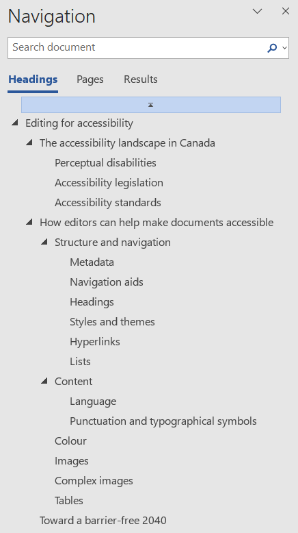 Microsoft Word's navigation pane, showing the heading levels in this document.