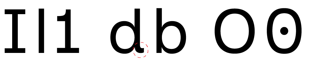 Samples of Inclusive Sans showing the difference between capital I, lower case l, and the number 1; between the letters d and b; and between the letter O and the number 0.