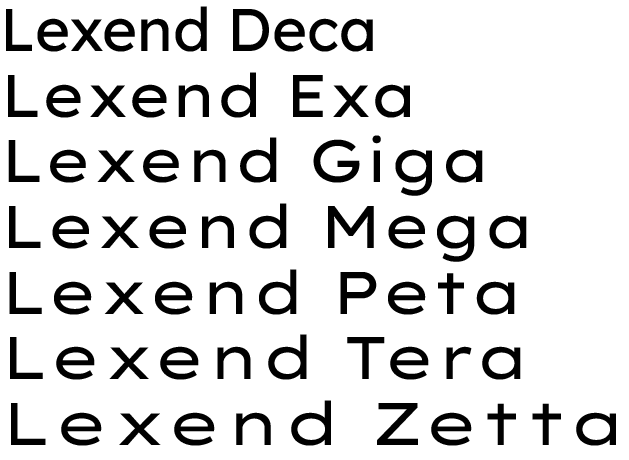 Samples of the original Lexend fonts: Lexend Deca, Lexend Exa, Lexend Giga, Lexend Mega, Lexend Peta, Lexend Tera, and Lexend Zetta.