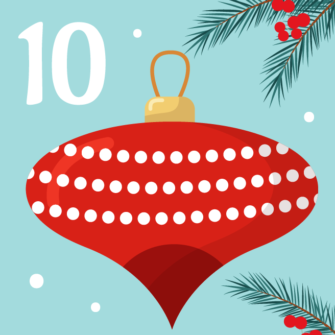 A blue-green background with a red ornament and the number 10.