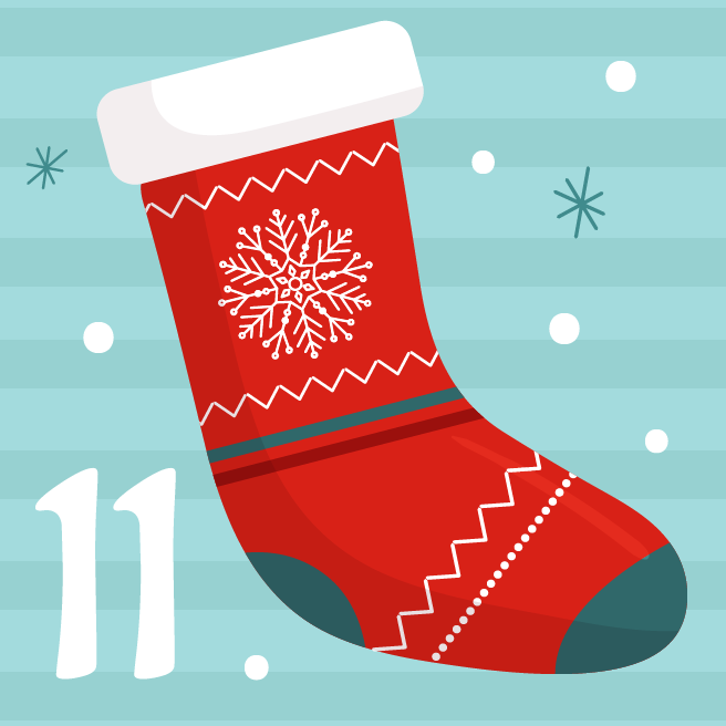 A striped blue-green background with a red stocking and the number 11.