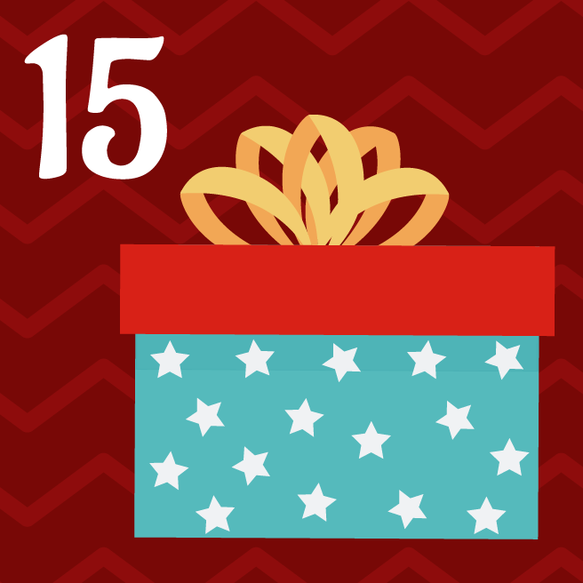 A red zigzag background with a wrapped present and the number 15.
