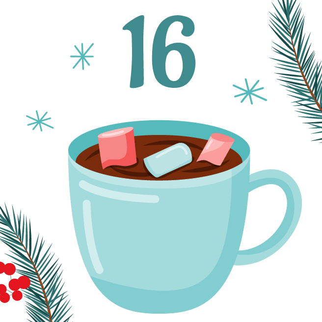 A blue-green mug with hot chocolate and marshmallows and the number 16.