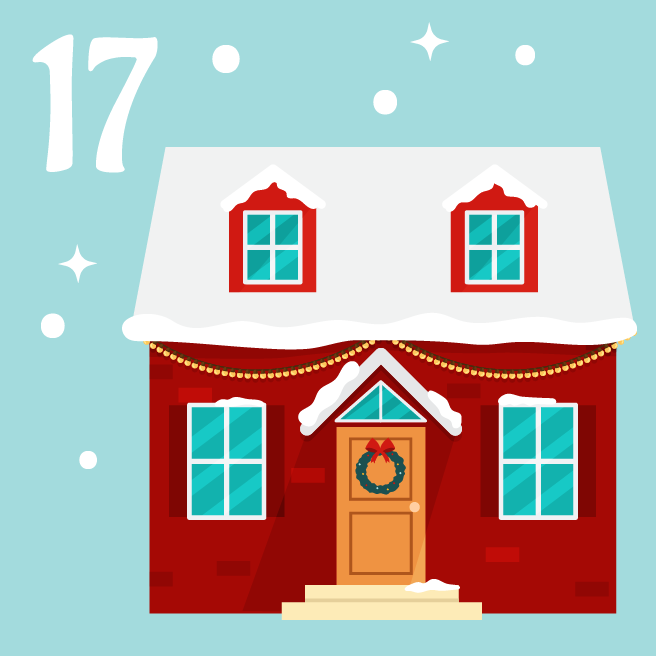 A blue-green background with a house decorated for Christmas and the number 17.