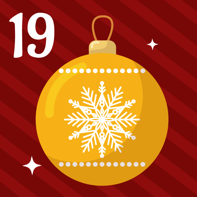 A red striped background with a gold ornament and the number 19.