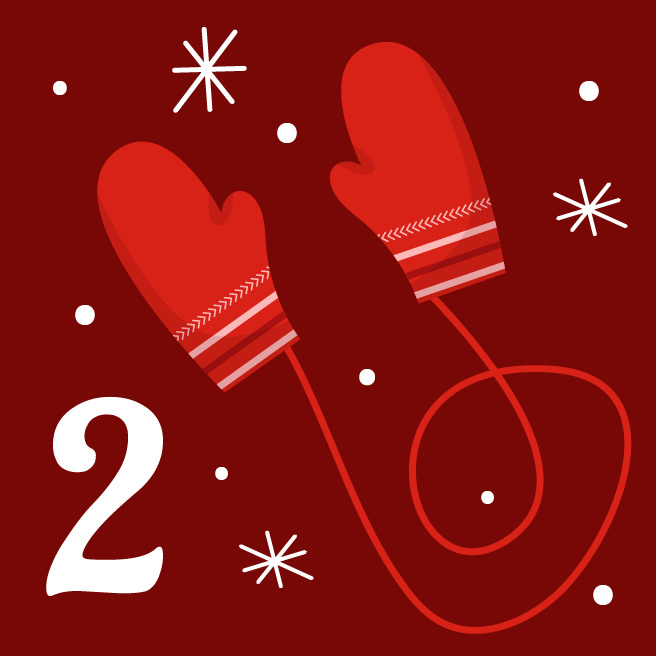 A red background with a pair of mittens and the number 2.