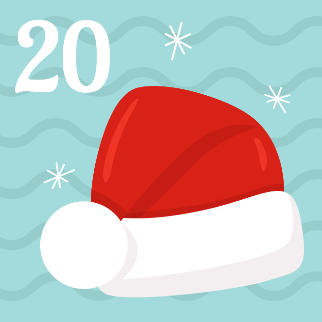 A wavy blue-green background with a Santa hat and the number 20.