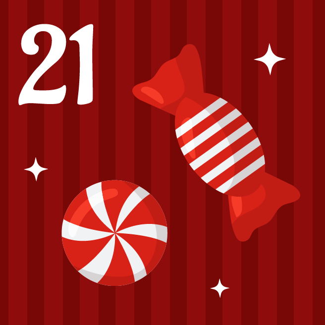 A red striped background with wrapped candy and the number 21.