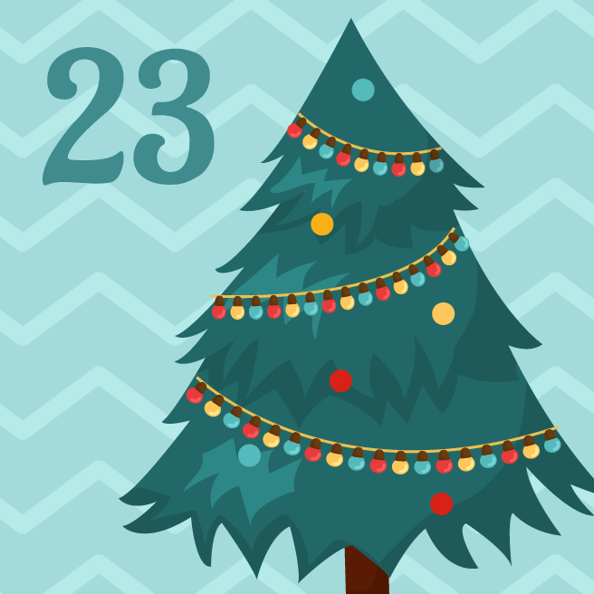 A blue-green zigzag background with a Christmas tree and the number 23.