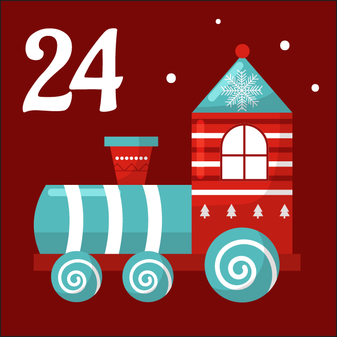A red background with a train engine and the number 24.
