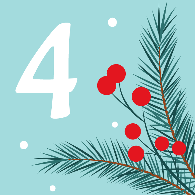 A blue-green background with a sprig of holly and the number 4.