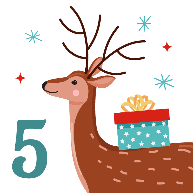 A reindeer with a wrapped gift on its back and the number 5.