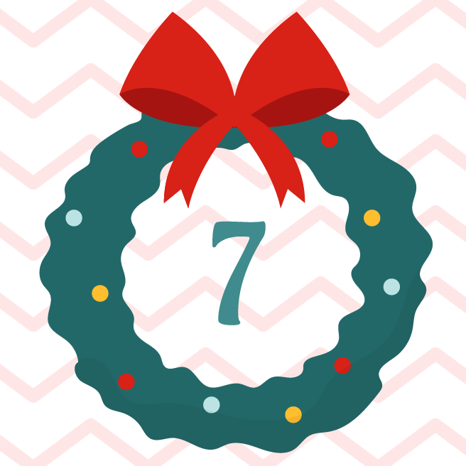 A red-and-white zigzag background with a wreath and the number 7.