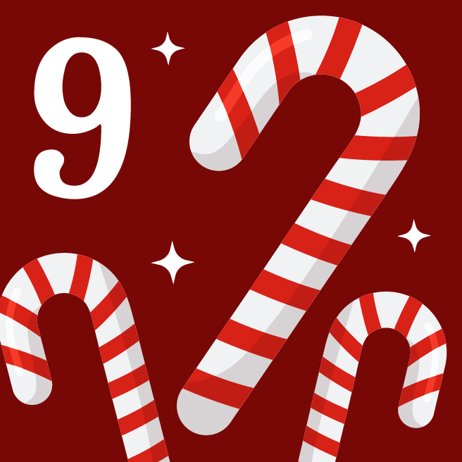 A red background with three candy canes and the number 9.