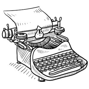Black and white line drawing of a typewriter with a piece of paper ready to be typed on.