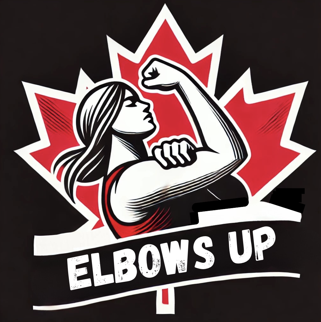 Illustration of a woman lifting her elbow, with a maple leaf behind her.