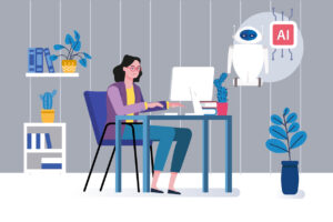 Female editor working at a computer with an artificial intelligence bubble above her.