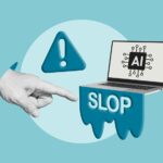 A hand points to a laptop computer oozing the word "slop" from the keyboard. The letters "AI" appear on the laptop screen.