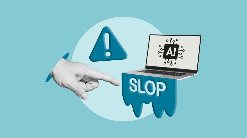 A hand points to a laptop computer oozing the word "slop" from the keyboard. The letters "AI" appear on the laptop screen.